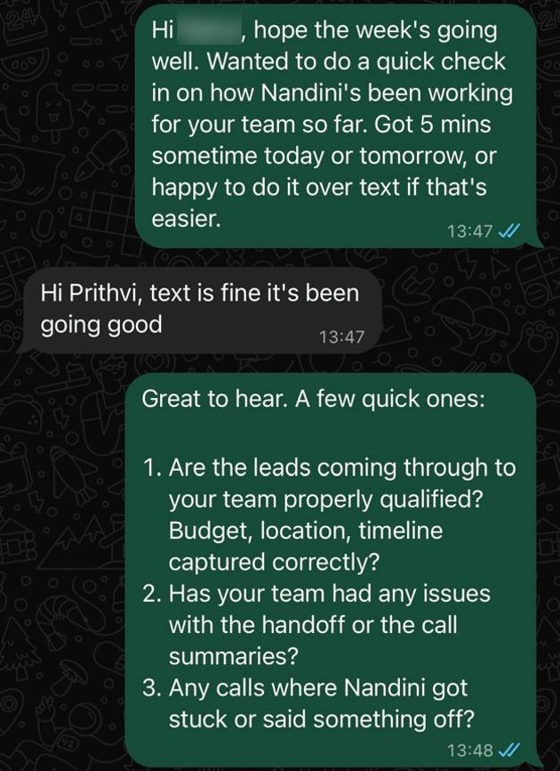 WhatsApp chat, part 1 of 2: we ask the firm owner how Nandini is working and what to check. Names redacted.