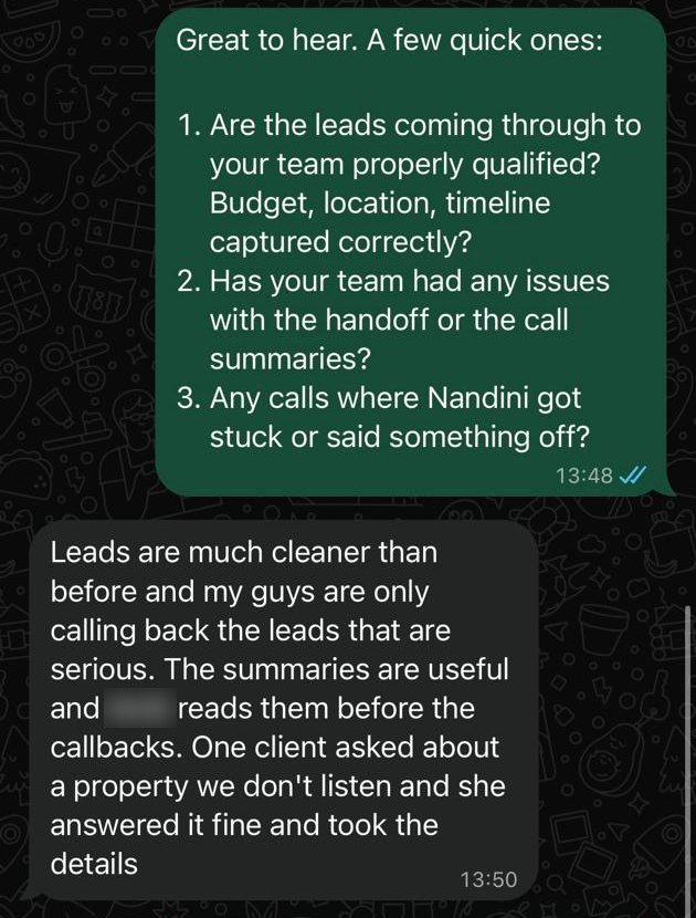 WhatsApp chat, part 2 of 2: the firm owner's reply about lead quality. Names redacted.